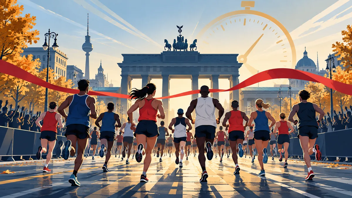 Editorial illustration of anonymous marathon runners approaching Berlin's Brandenburg Gate