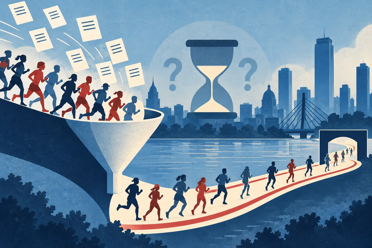 Conceptual illustration of runners moving through an application funnel while awaiting a Boston Marathon qualification decision