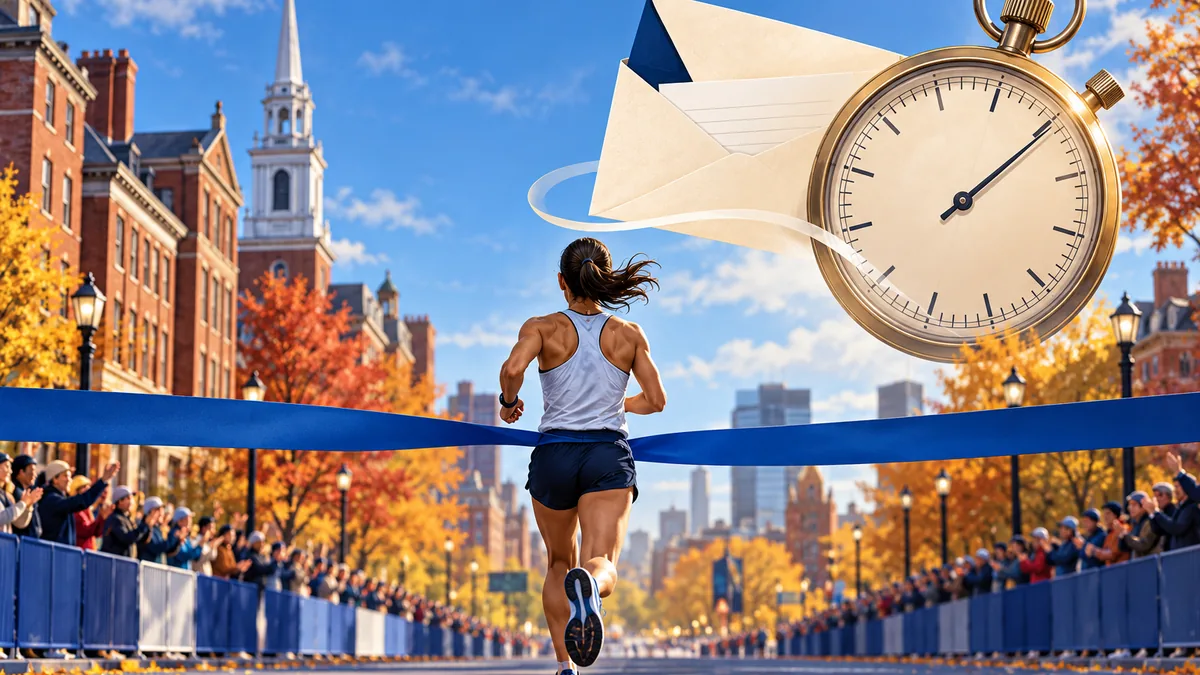 Concept illustration of an anonymous marathon runner, a stopwatch and an acceptance envelope