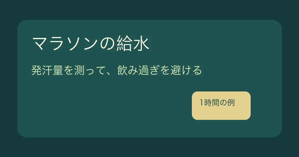 マラソンの給水をテーマに発汗量の測定と飲み過ぎの注意を示す自作イラスト