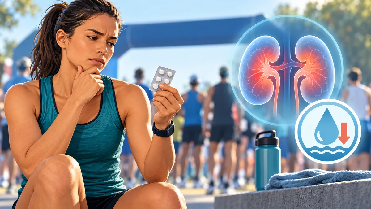 Concept illustration of a runner considering painkillers with kidney and hydration caution symbols