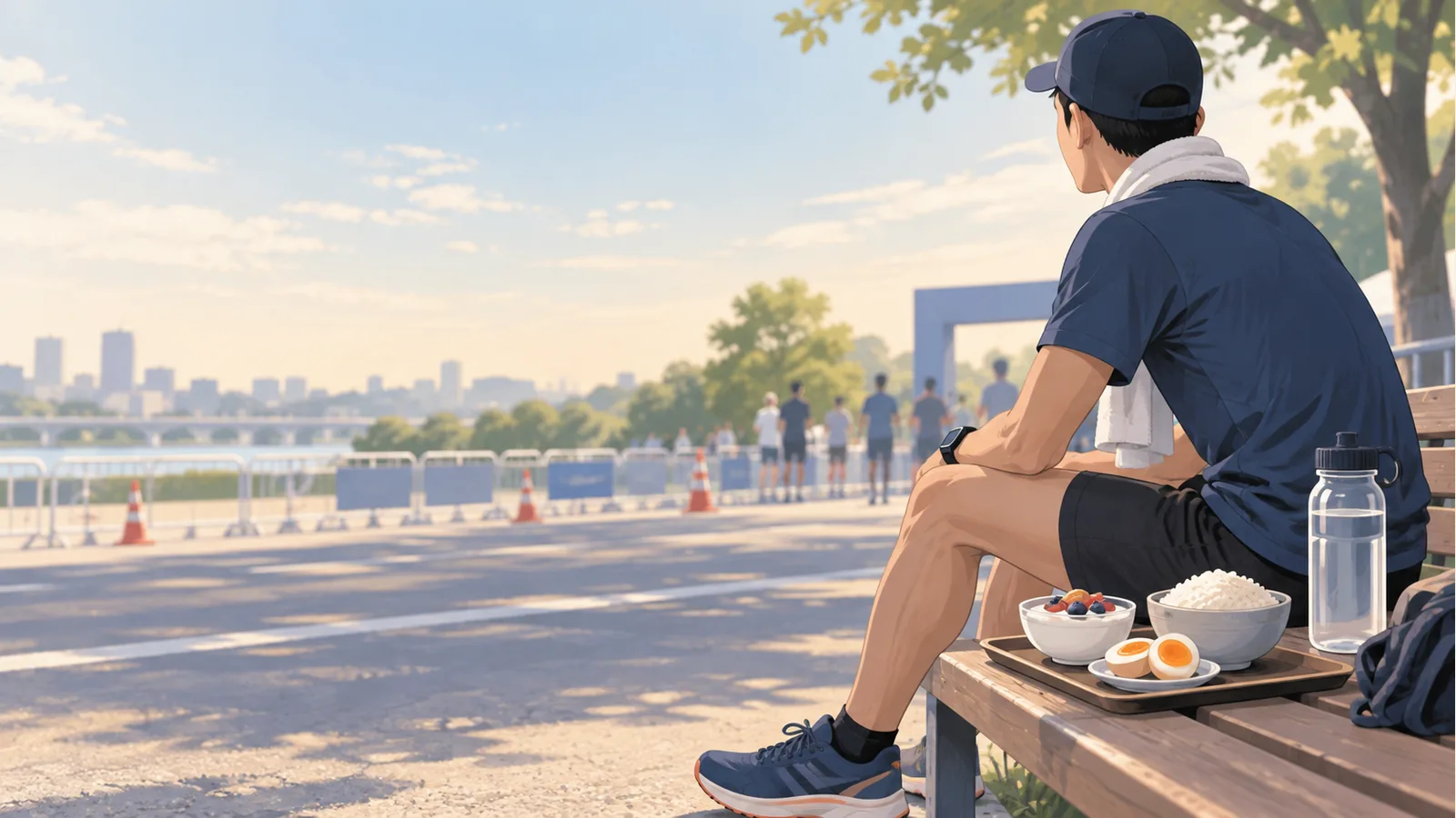 マラソン後のベンチで、食事と水分を前に回復を考えるランナーの概念イラスト
