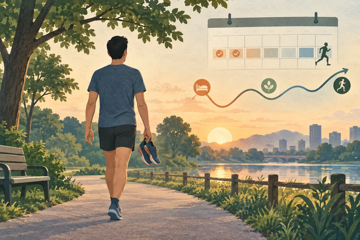 フルマラソン後にランニングシューズを手に歩き、再開時期を考える匿名ランナーの概念イラスト