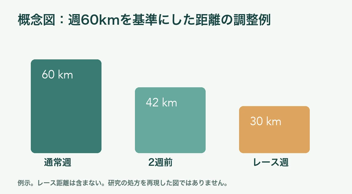 概念図:通常週60km、2週前42km、レース週の練習走30kmという距離調整の計算例