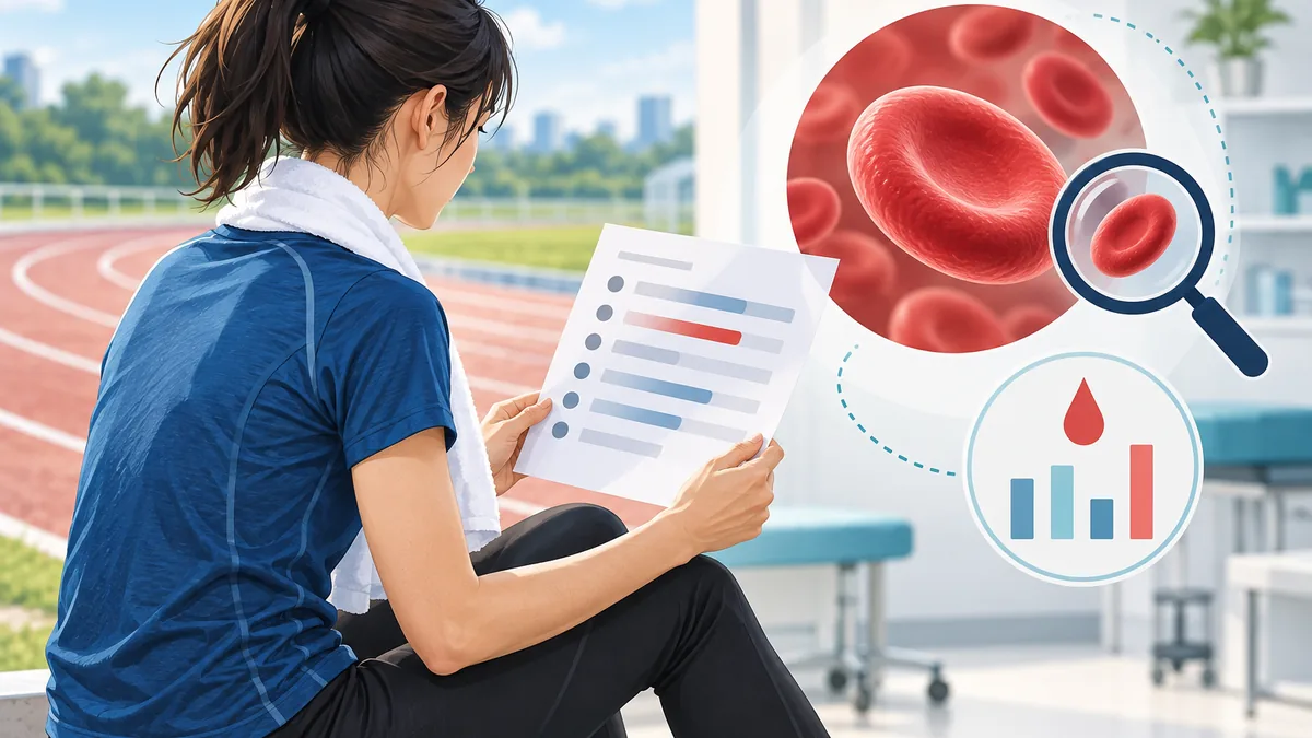 Concept illustration of a runner reviewing abstract blood-test results beside a red blood cell and magnifying glass