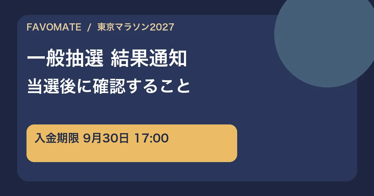 東京マラソン2027の一般抽選結果通知と当選者の入金期限を示す自作タイトル図