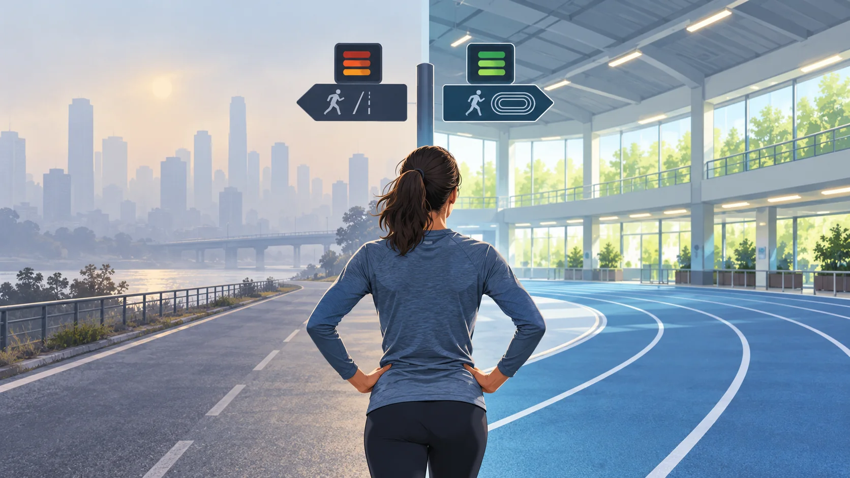 AI-generated conceptual illustration of a runner choosing between a hazy outdoor route and a clean indoor track