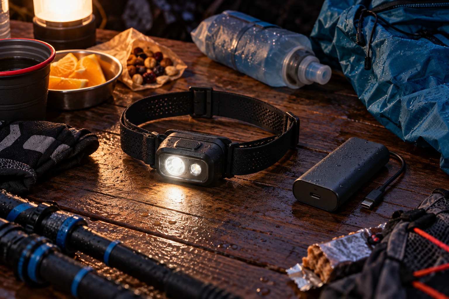 Generic rechargeable headlamp and power bank at a trail aid station