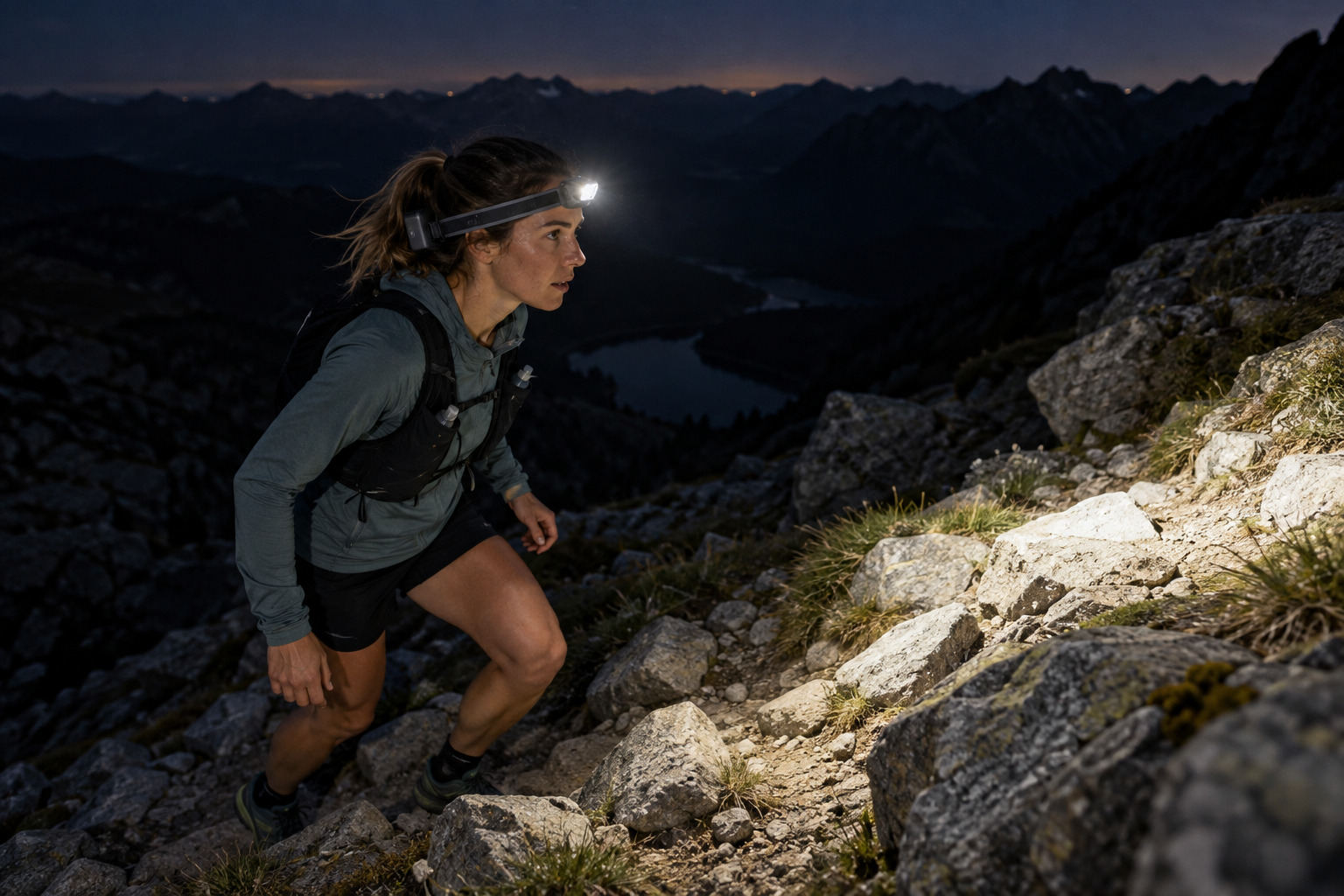 Generic headlamp used on a rocky night trail ascent