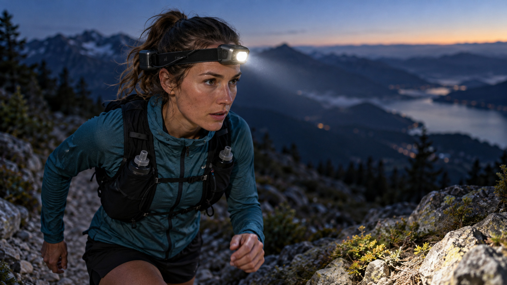 Generic endurance headlamp on a trail runner before dawn