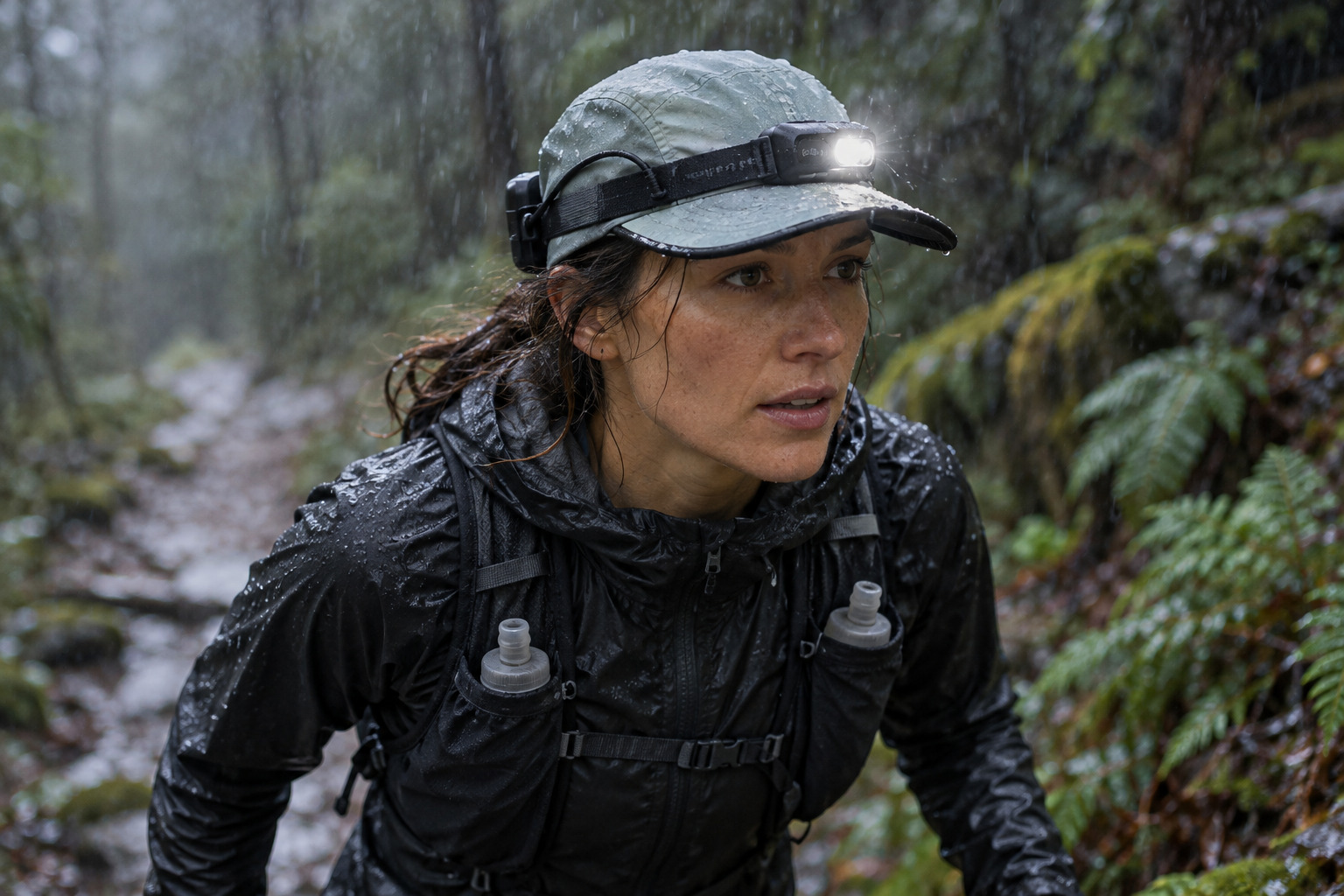 Generic low-profile headlamp worn in light rain on a forest trail