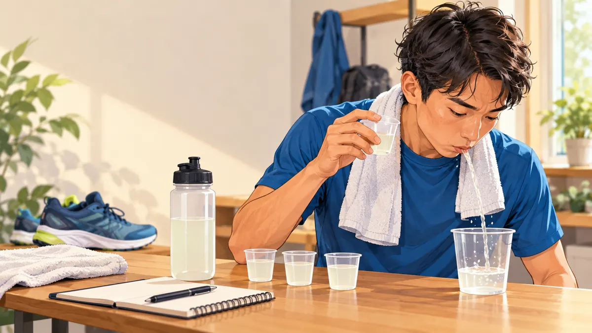 Concept illustration of a runner testing a generic carbohydrate mouth rinse and spitting it into a cup at a training table