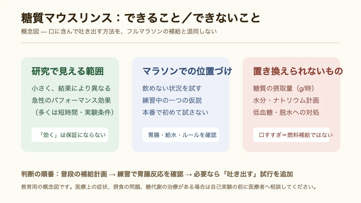 糖質マウスリンスの研究上の範囲、マラソンでの位置づけ、置き換えられない補給を示す概念図