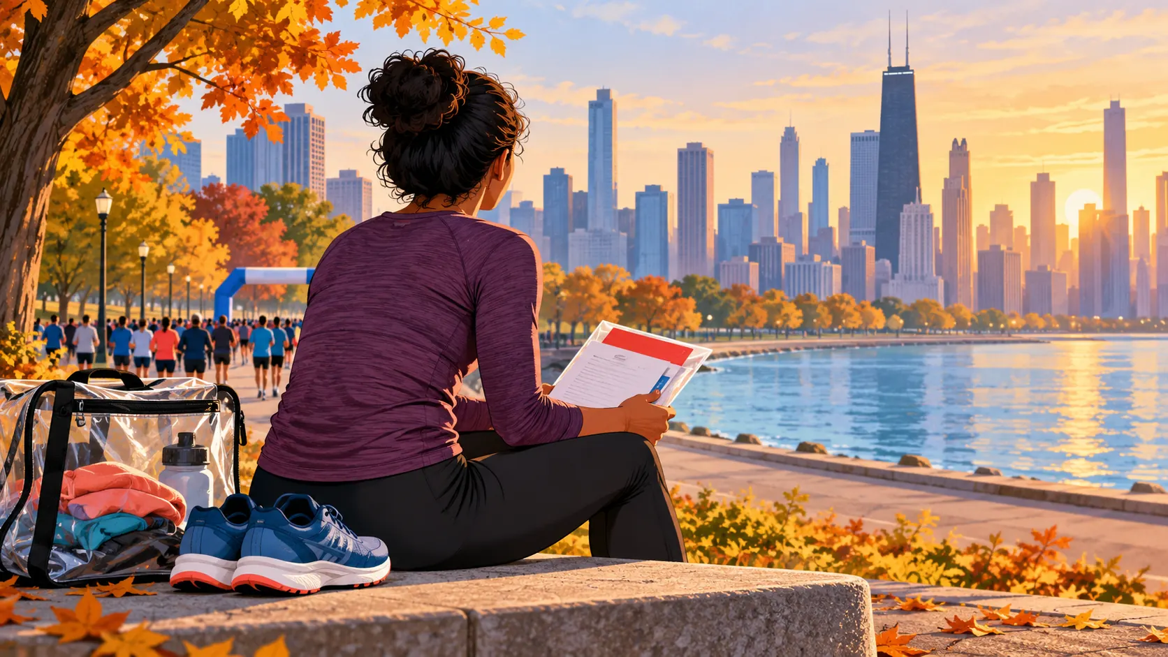 Conceptual illustration of a runner preparing an event packet in an autumn city setting; not a race photograph.
