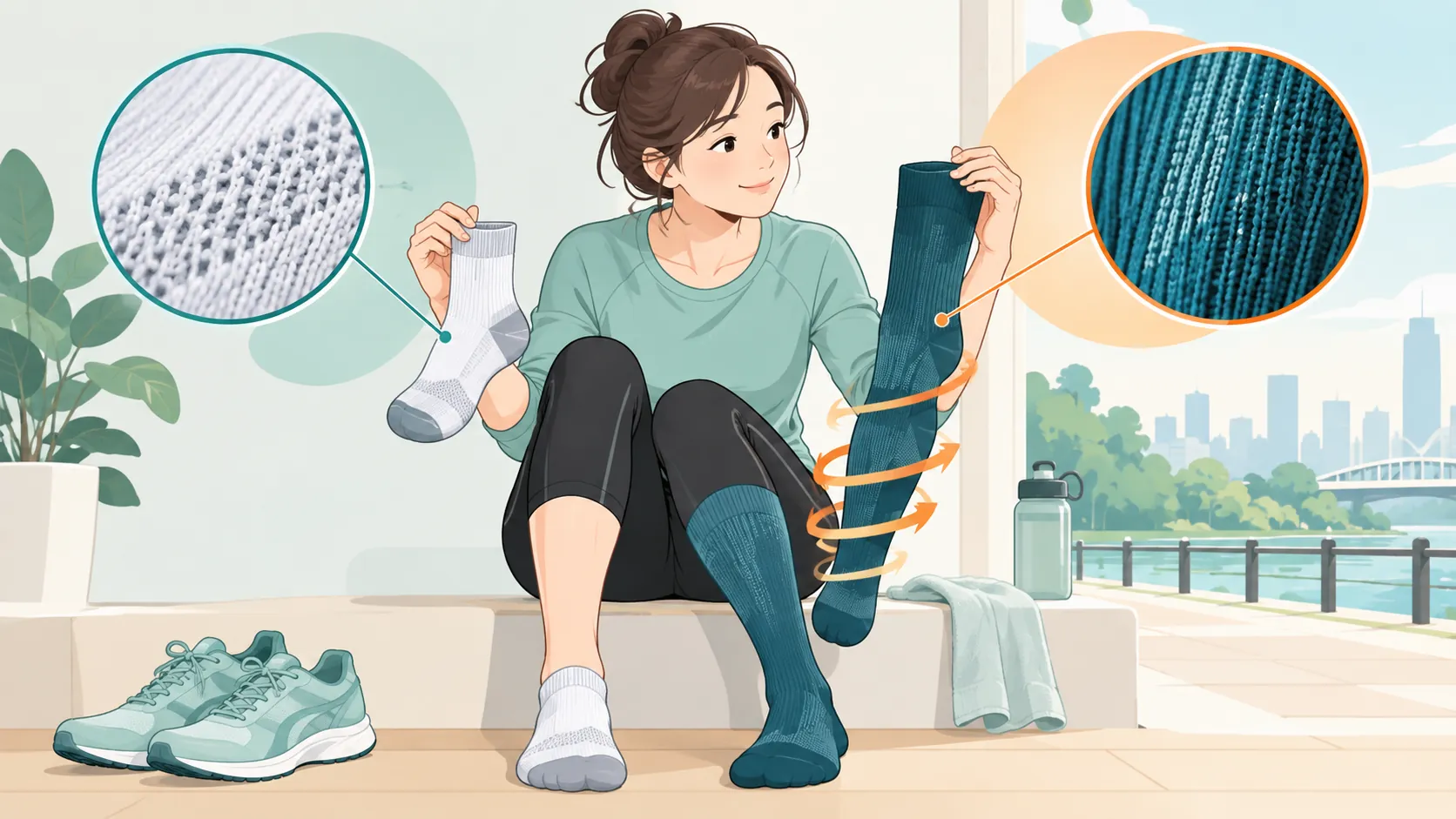 通常のランニングソックスと膝下の着圧ソックスを比べるランナーの概念イラスト