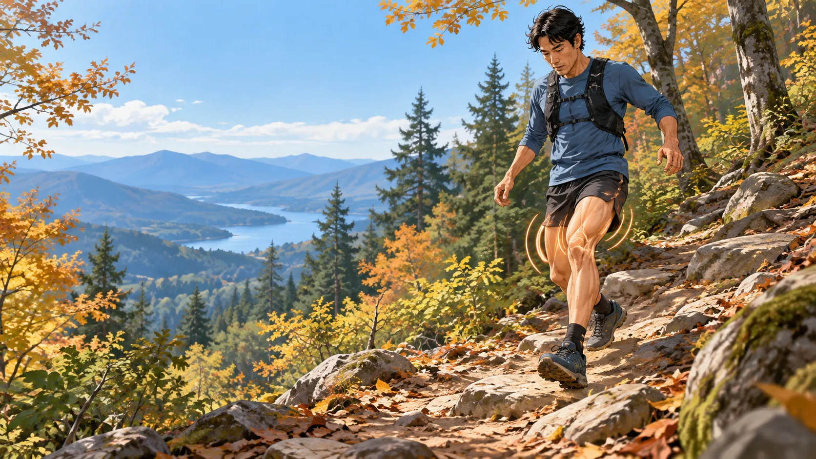 秋の山道を慎重に下るランナーを描いた概念イラスト。太ももの負荷を示す抽象線がある