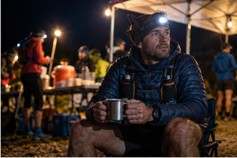 Trail runner pausing at a headlamp-lit aid station during an overnight race