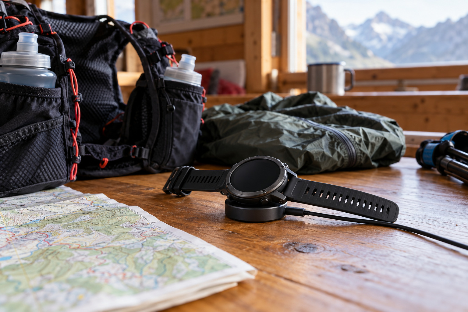 トレイルランニングベストや地図とともに充電されるGPSウォッチのAI生成イメージ