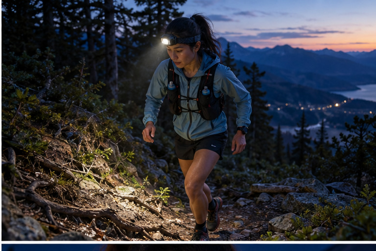 Trail runner using a headlamp on a rooty path