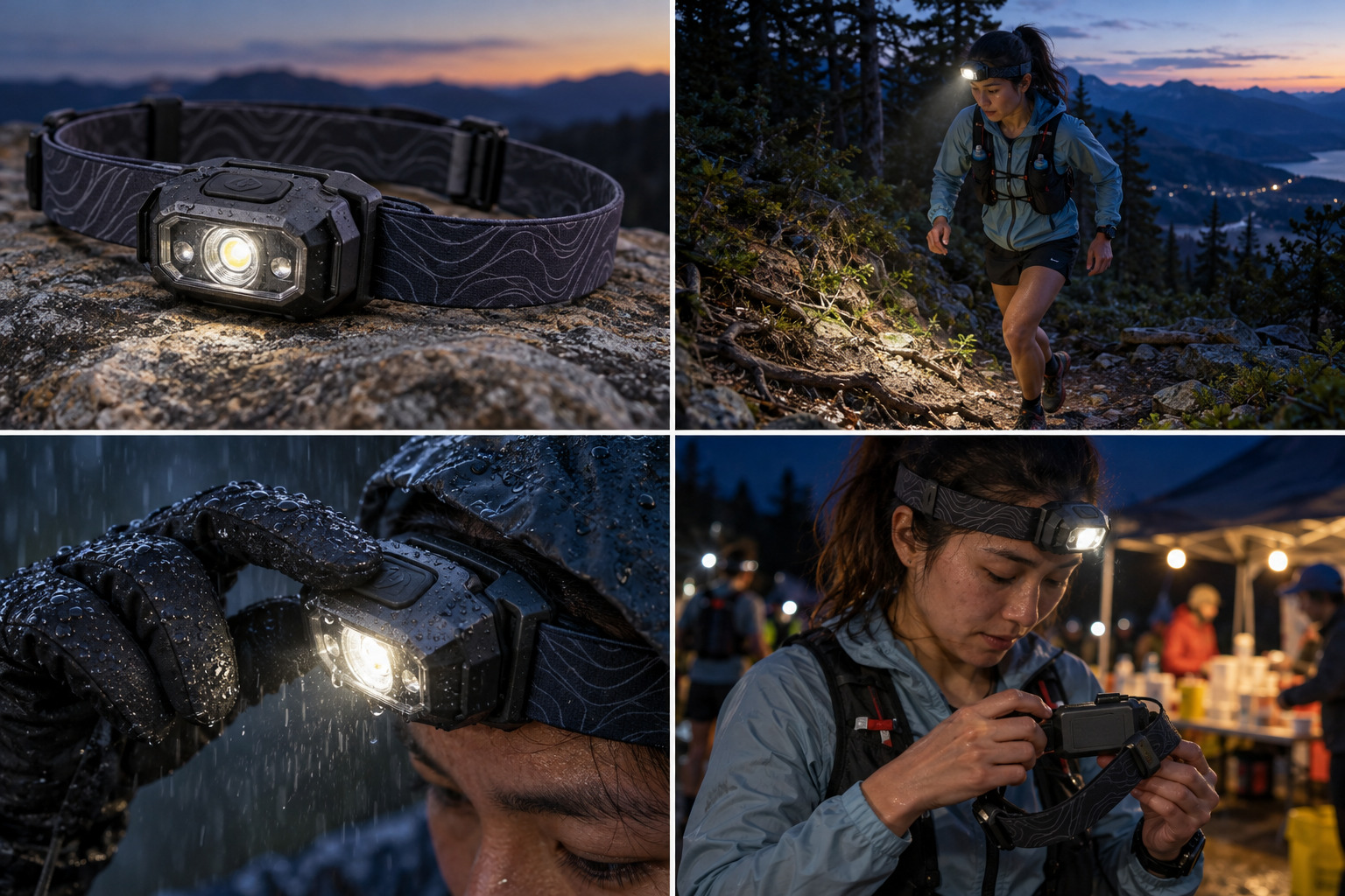 Gloved hand operating a headlamp in rain