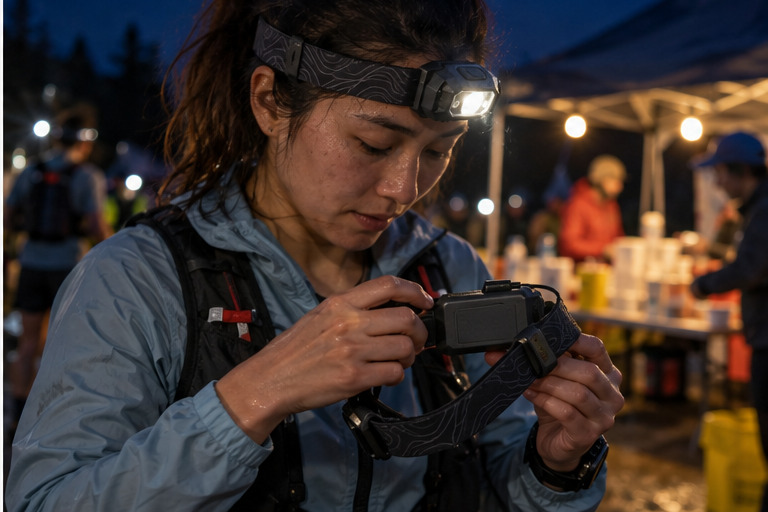 Trail runner preparing a headlamp at an aid station