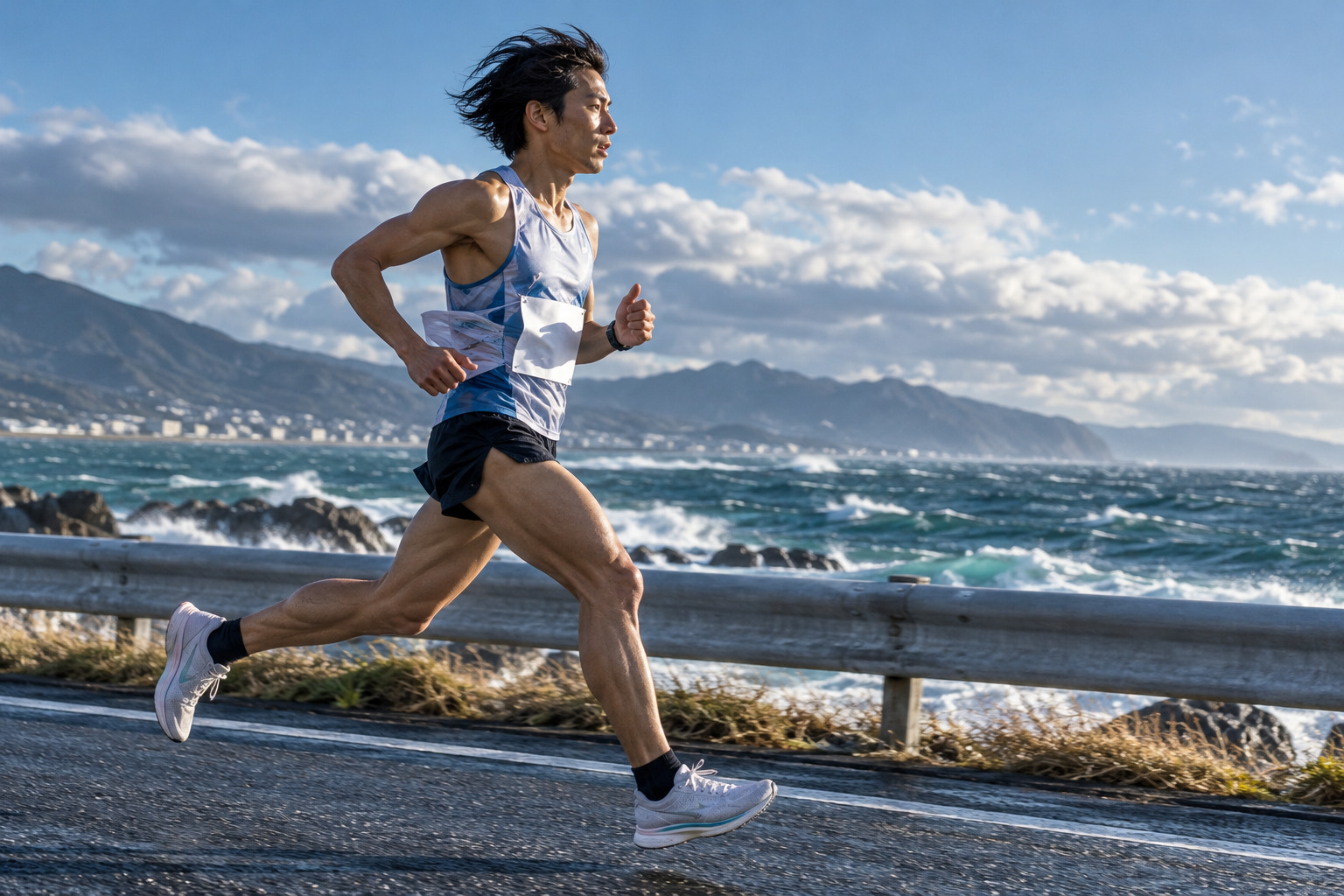 冷たい風の海沿いを走るマラソンランナーのイメージ