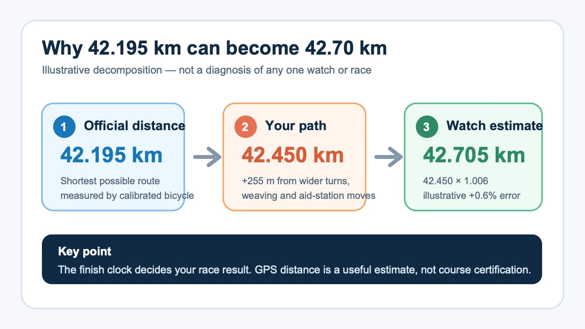 Illustrative calculation: a 42.195 km certified marathon, a 42.450 km runner path and a 42.705 km watch estimate after a positive 0.6 percent error