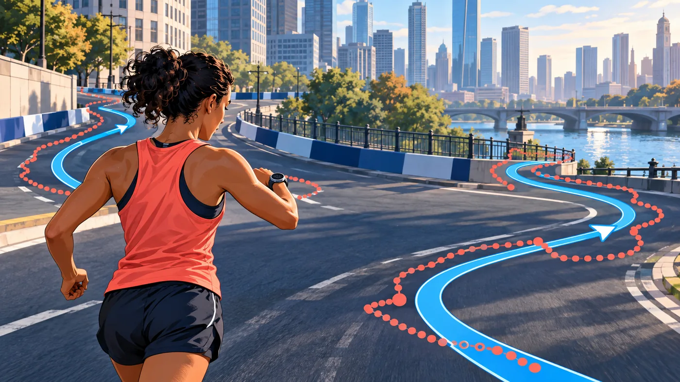 Concept illustration of a marathon runner comparing the shortest racing line with a wandering GPS track