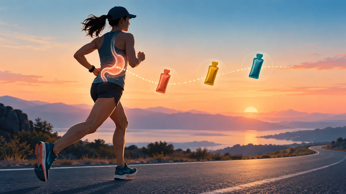 Concept illustration of an anonymous runner with a stomach motif and three unbranded fuel packets