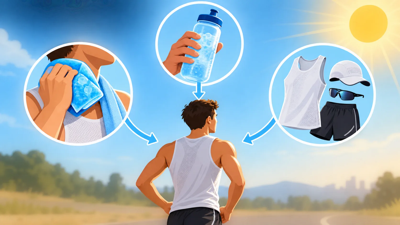 Conceptual diagram showing cold towel, cold drink and light clothing options before a hot run