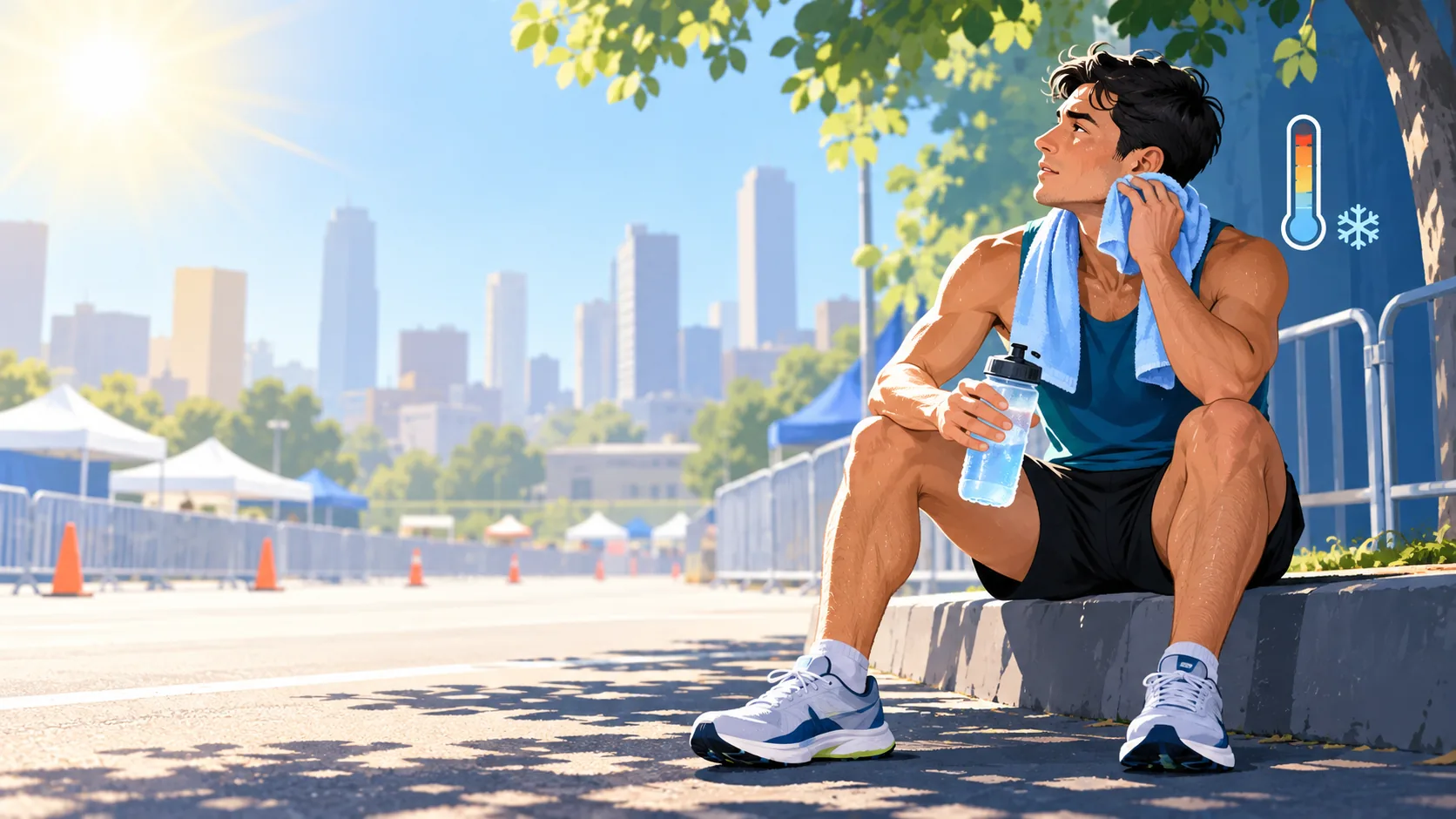Conceptual illustration of a runner cooling in shade before a hot race