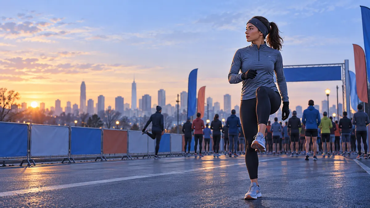 Concept illustration of a runner doing a gentle leg swing at a cool dawn marathon start line
