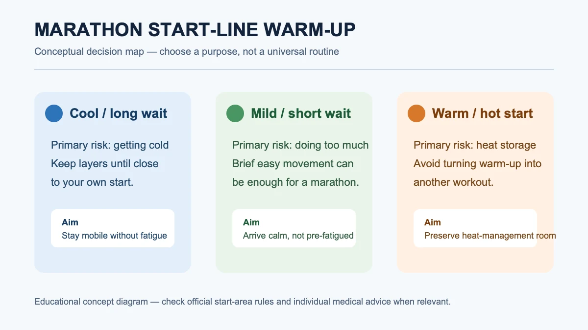 Conceptual decision map comparing cool long waits, mild short waits and warm starts for marathon warm-up