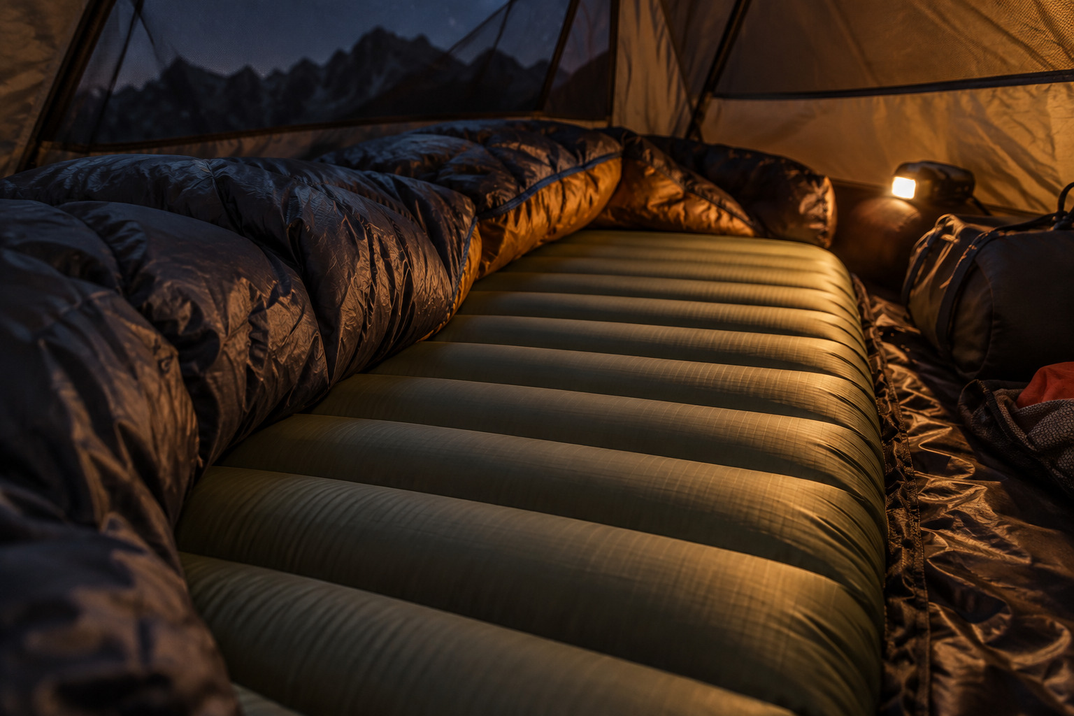 Horizontal baffle sleeping pad under a quilt inside a tent at night