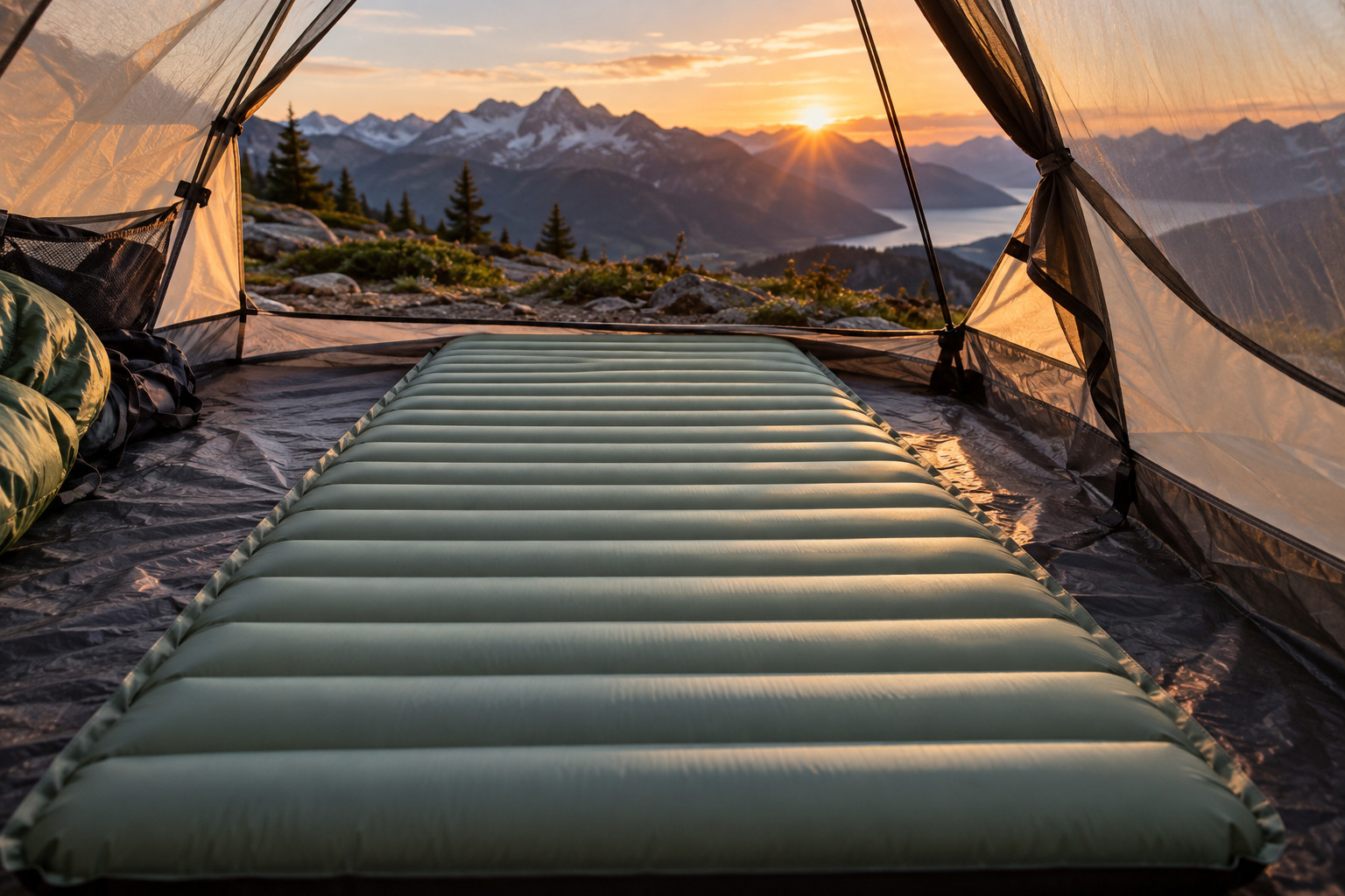 Unbranded insulated sleeping pad inside a backpacking tent at sunrise