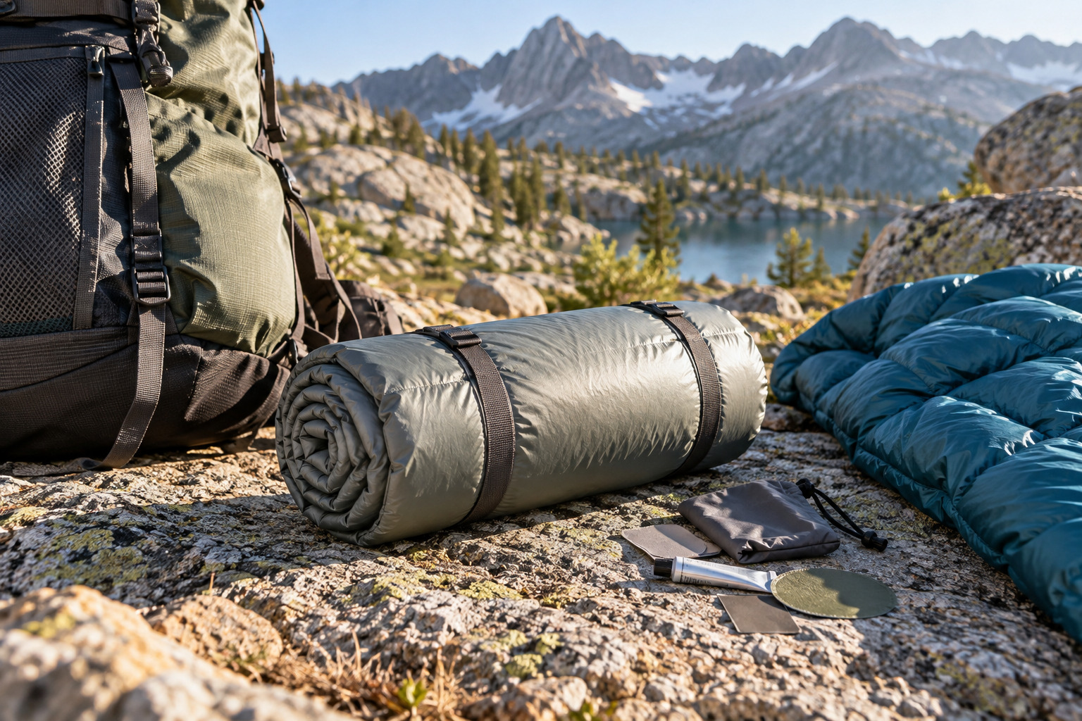 Rolled insulated sleeping pad beside backpack and repair kit at an alpine campsite