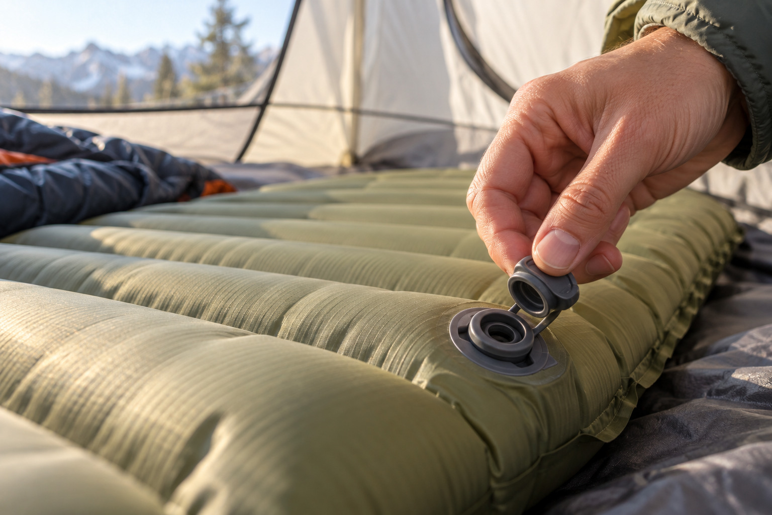 Close-up of a backpacker opening the valve on an insulated sleeping pad