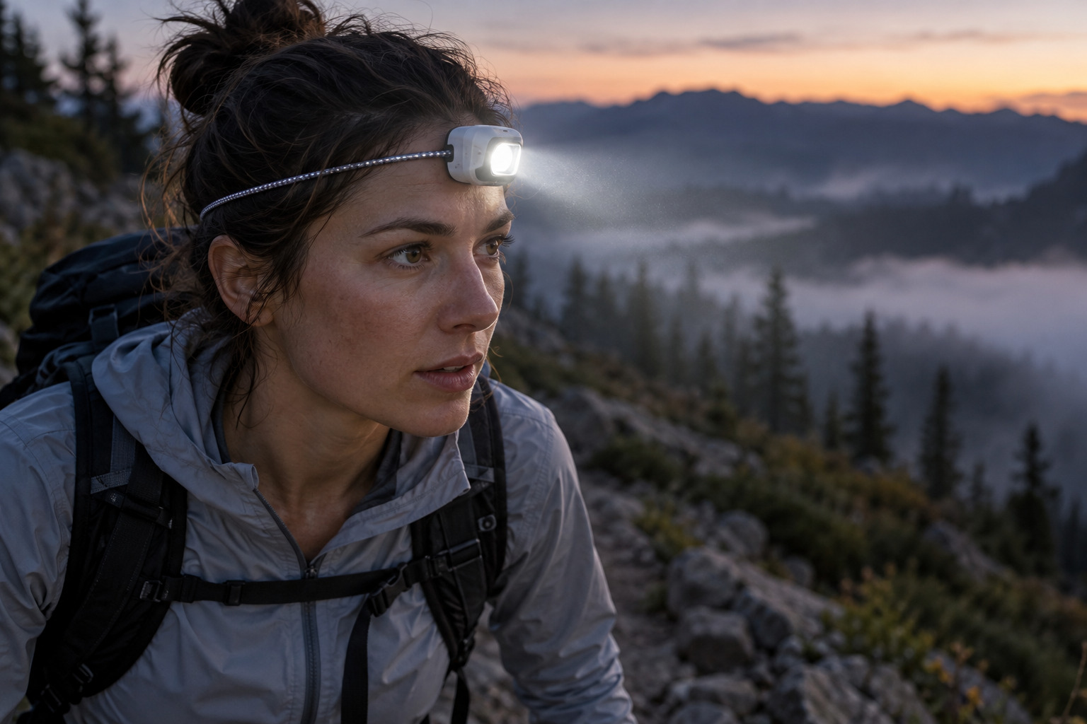 Generic compact ultralight headlamp on a fast hiker at dawn