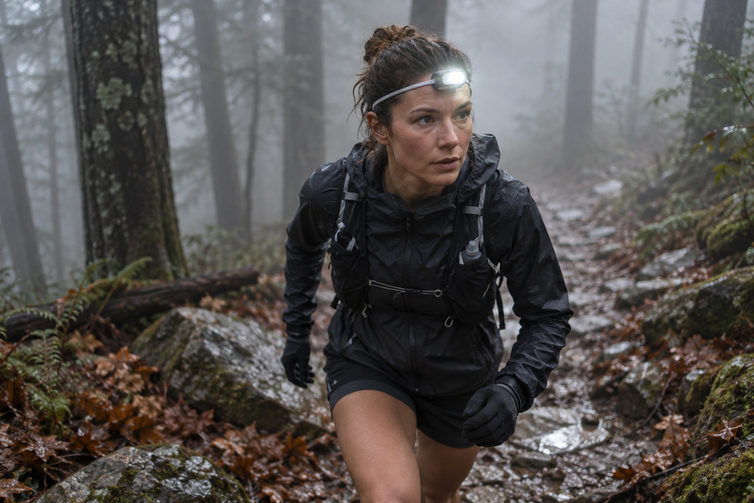 Generic compact headlamp used on a foggy forest trail
