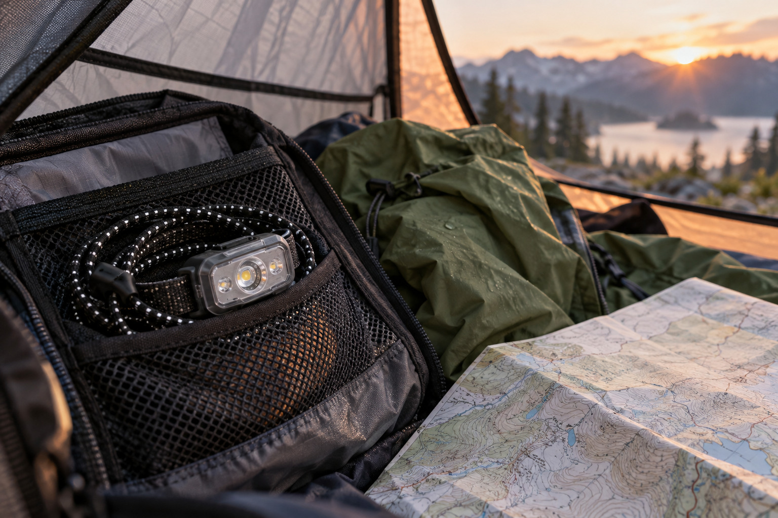 Generic compact headlamp stored in a mesh pocket with essential trail gear