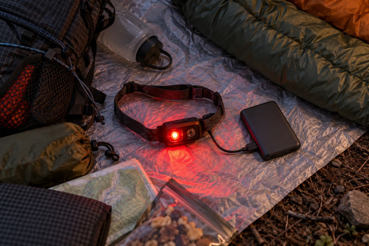 Generic USB-C headlamp packed with a small power bank for resupply