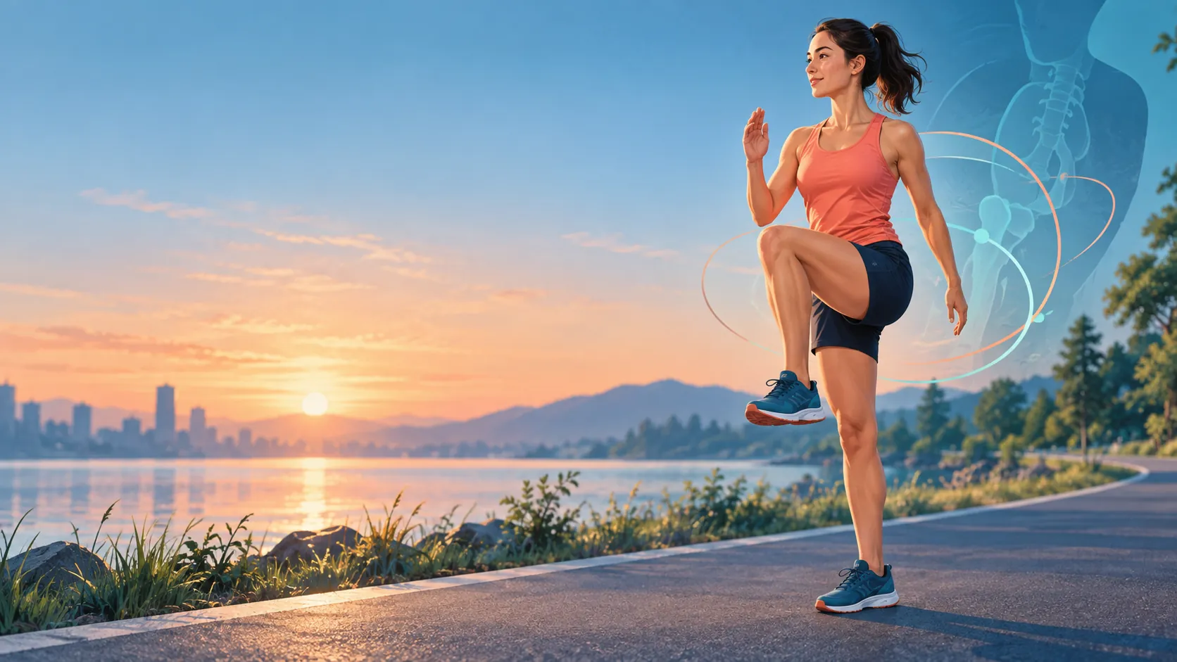 Conceptual editorial illustration of a novice runner doing a controlled hip-and-core warm-up beside a running path