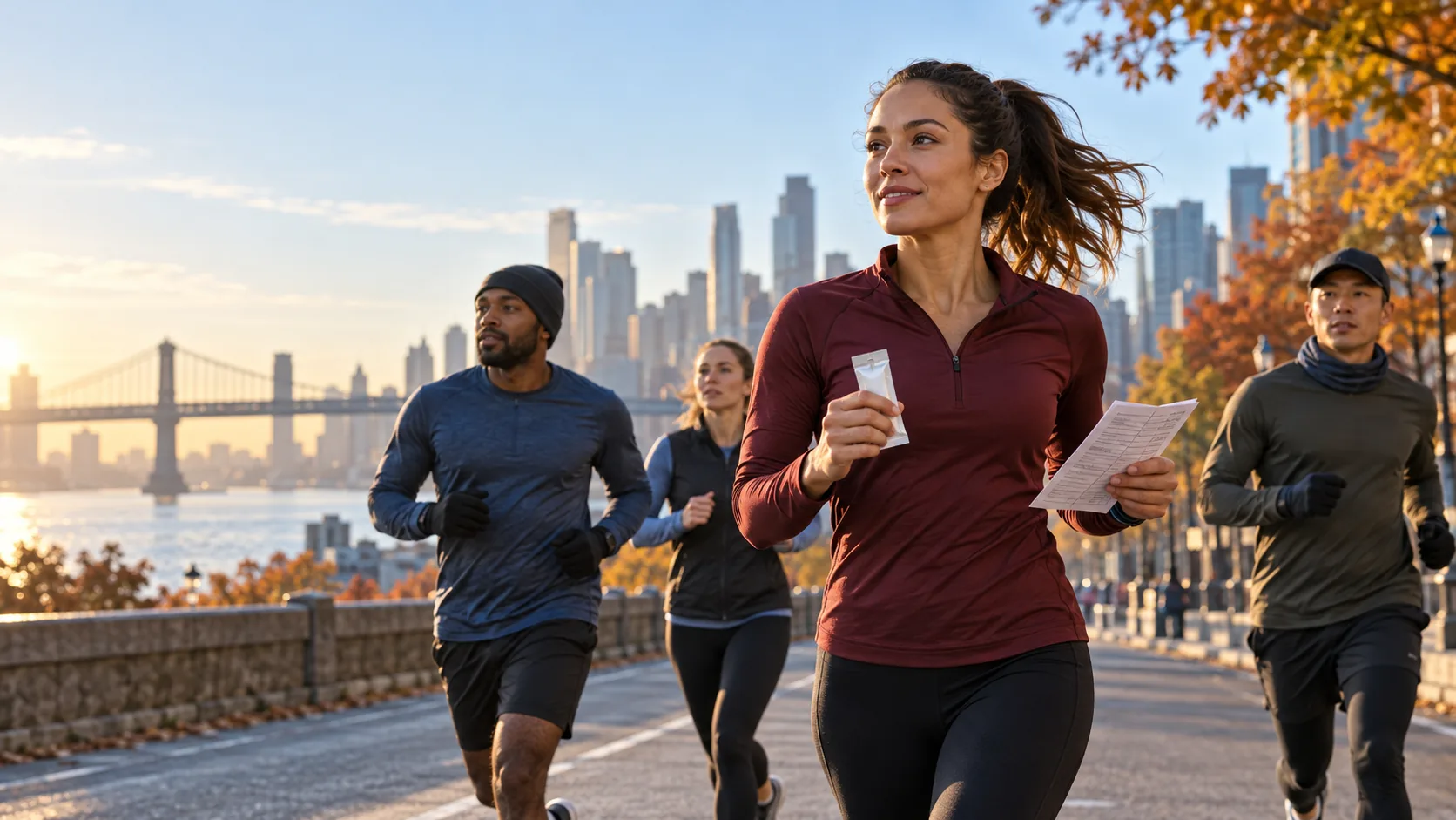 Illustrative runners preparing a marathon fueling plan in a city setting