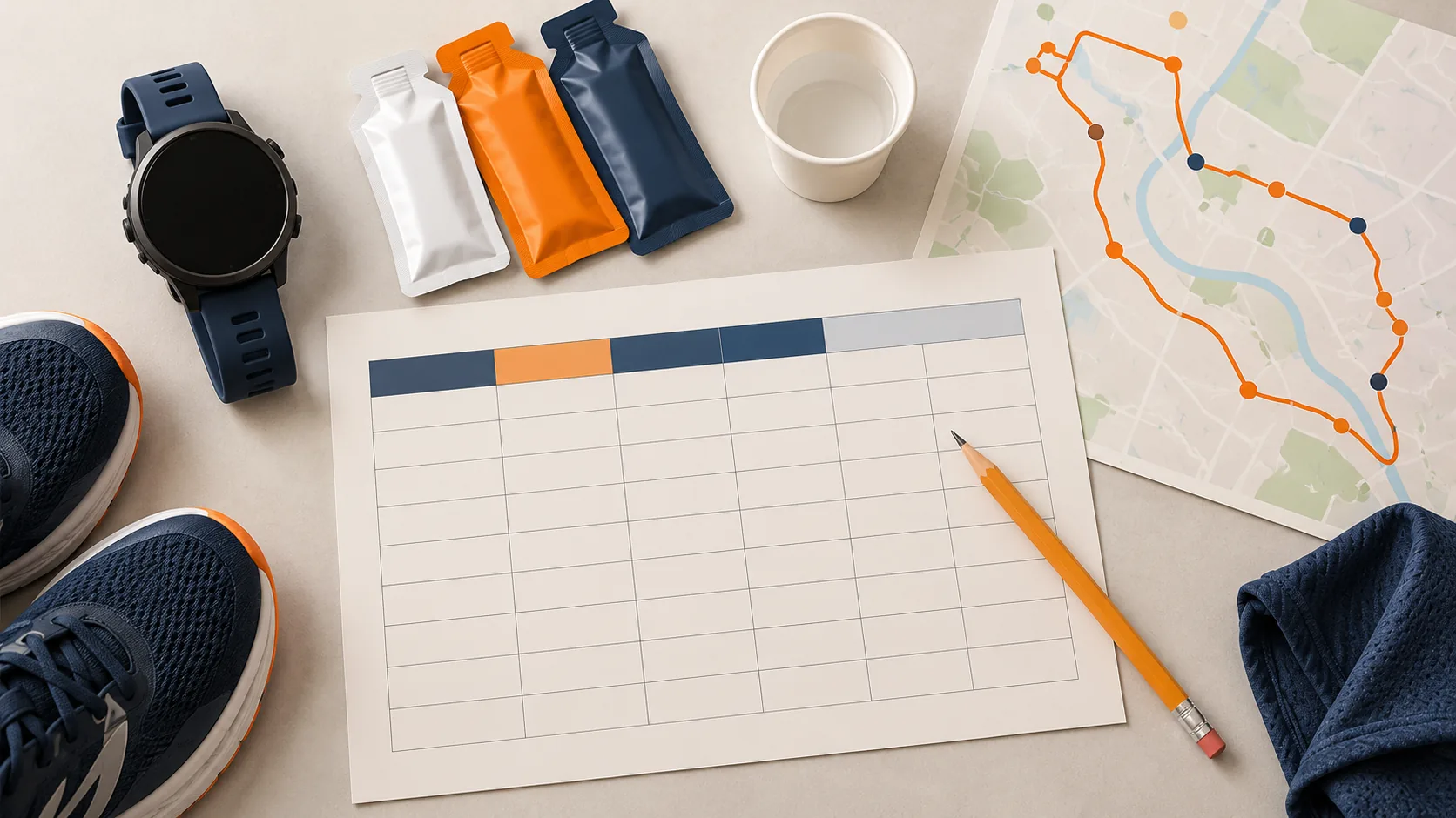 Conceptual flat-lay of generic marathon fueling supplies, a watch and a route plan