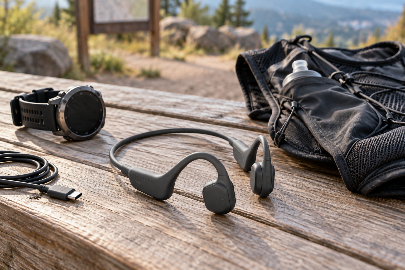 Open-ear sport headphones with GPS watch and charging cable at a trailhead