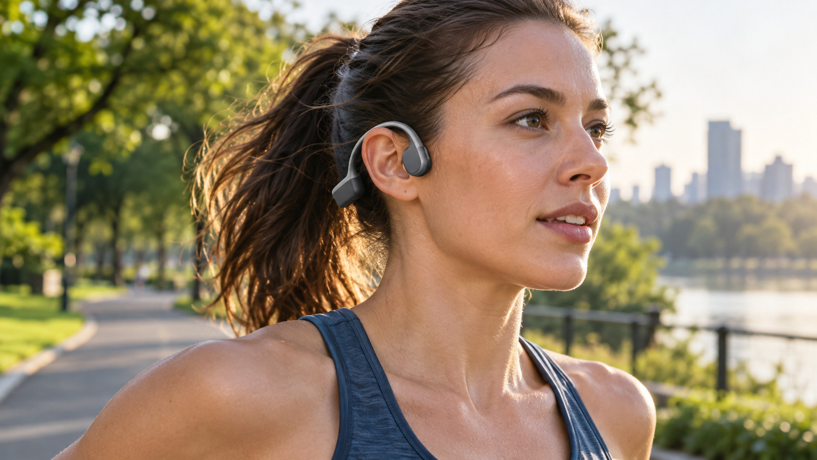 Runner wearing unbranded open-ear sport headphones on a park route