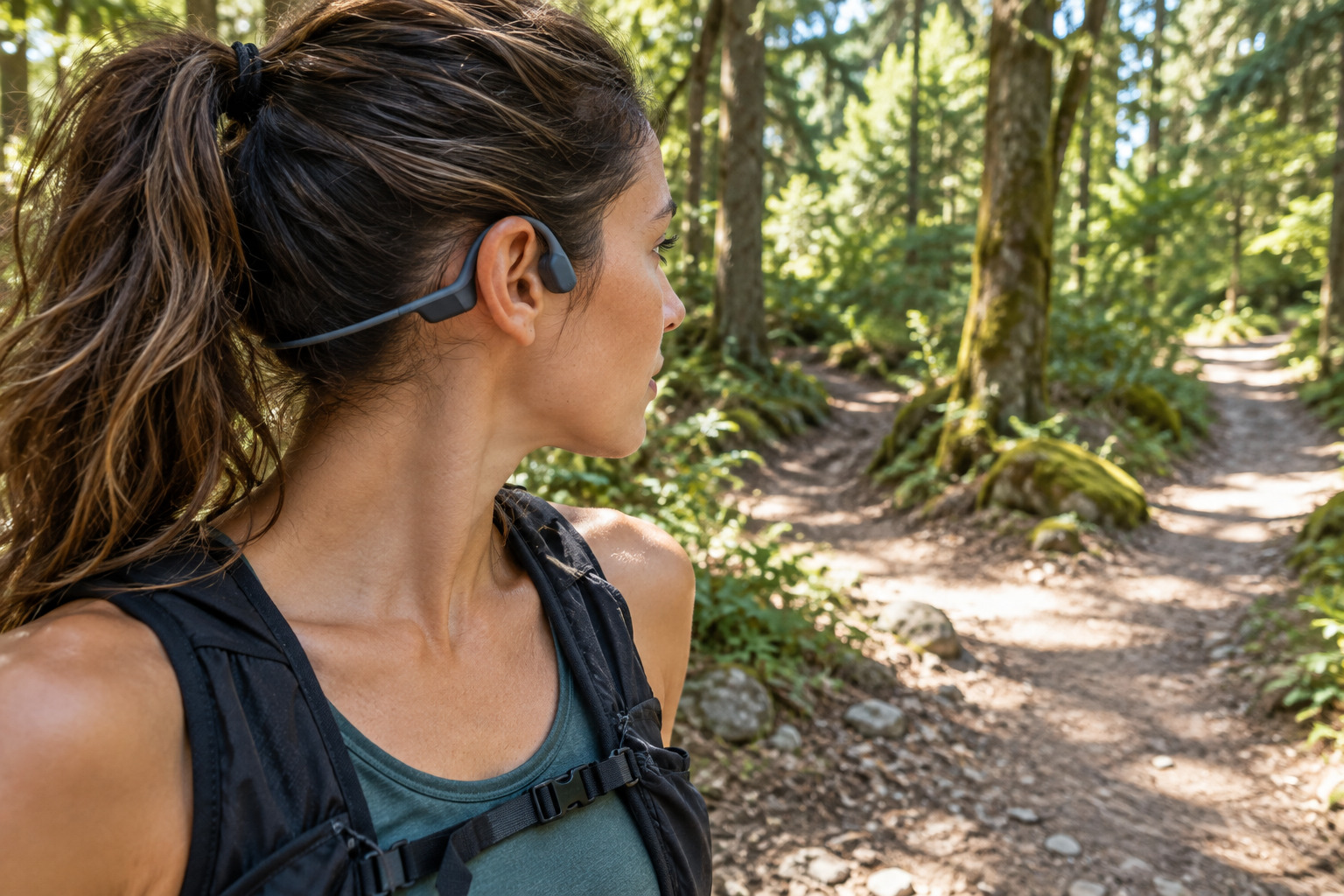 Trail runner using open-ear headphones at a forest junction