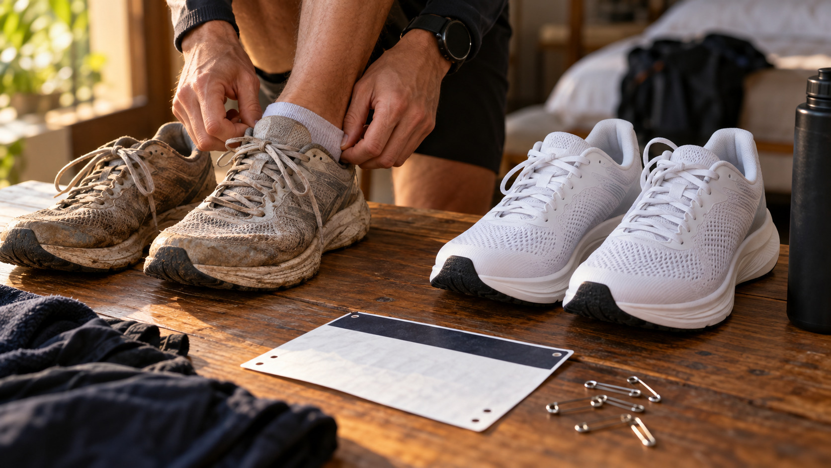 Two unbranded running shoes beside a race bib and pins
