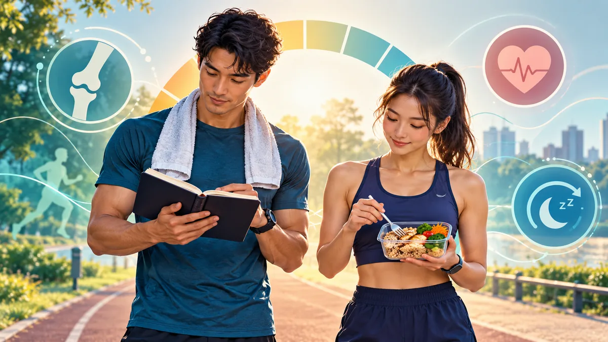 食事とトレーニング記録を確認する男女のランナーと、骨・心臓・回復を表す抽象的なアイコン