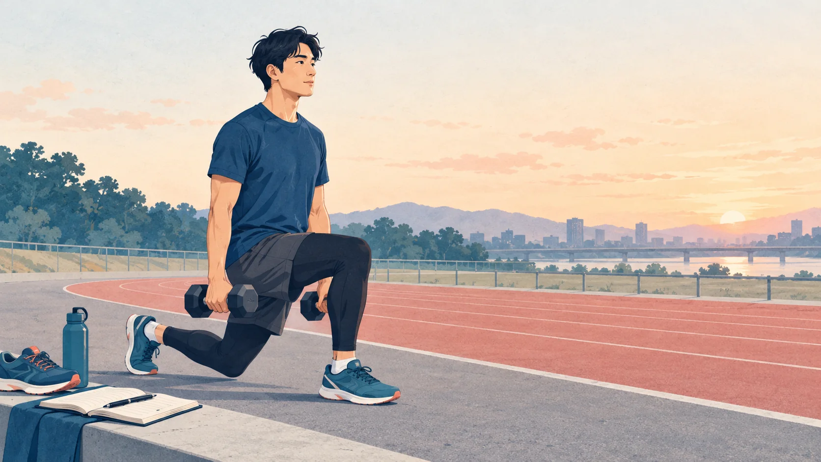 ダンベルを使うスプリットスクワットを行う市民ランナーの概念イラスト